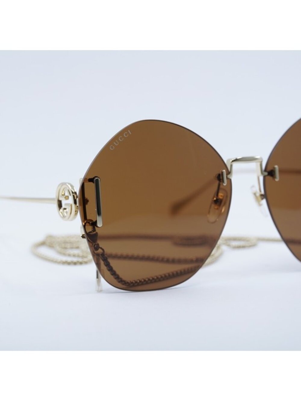 Gucci GG1203S 003 Sunglasses Gold Round Frame, Brown with Gold Chain Lenses - Picture 5 of 11